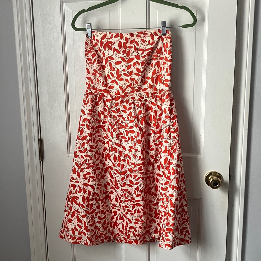 J. Crew Y2K Strapless Orange & White Leaf Print cotton Dress 6